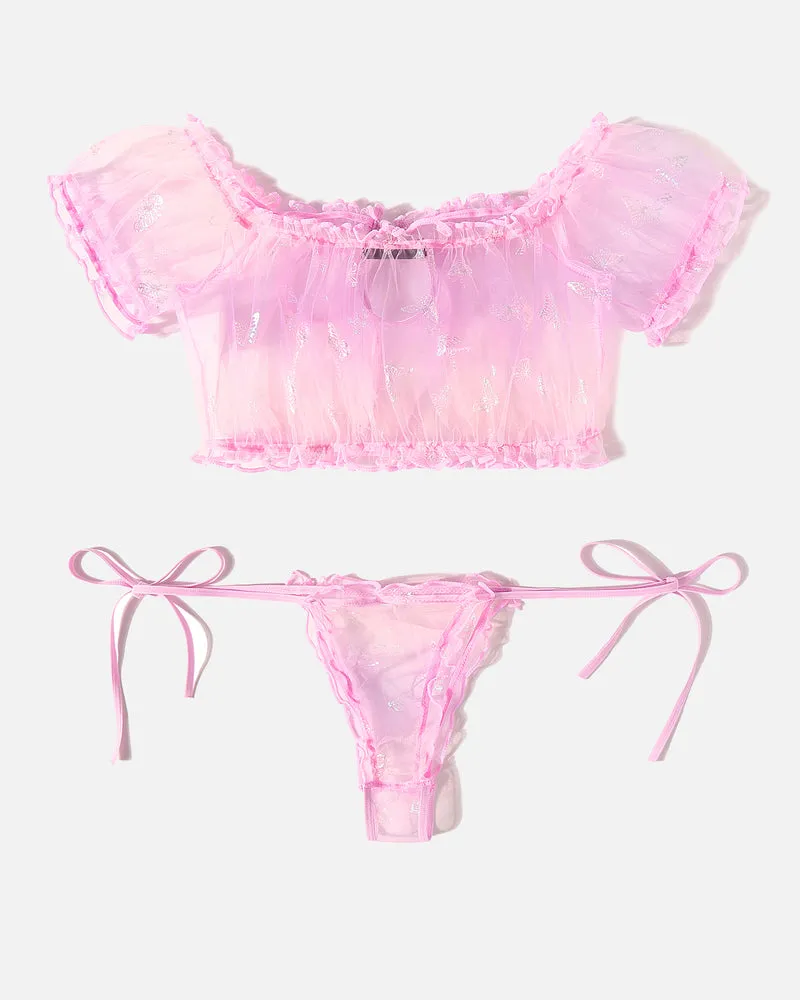 2 Packs Mesh Ruffle Bra and Panty Set