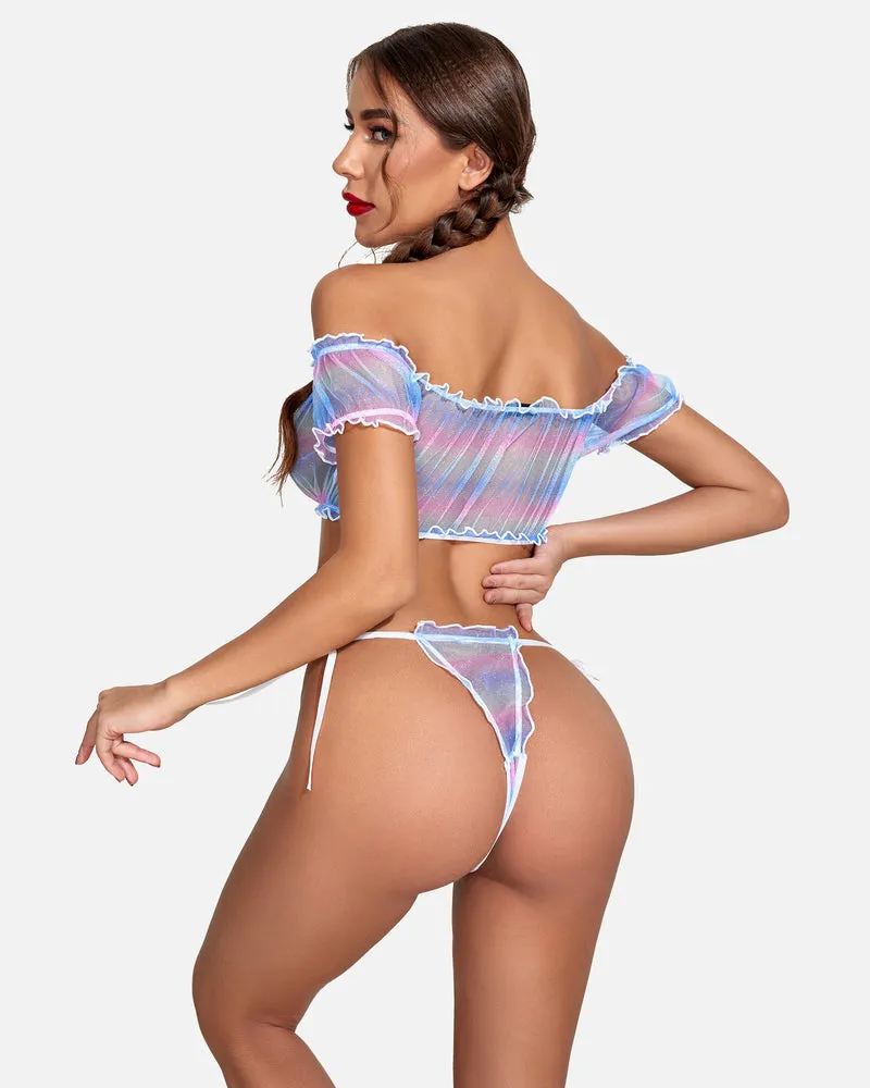 2 Packs Mesh Ruffle Bra and Panty Set