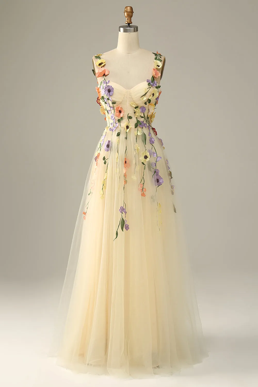 A Line Champagne Spaghetti Straps Prom Dress With 3D Flowers