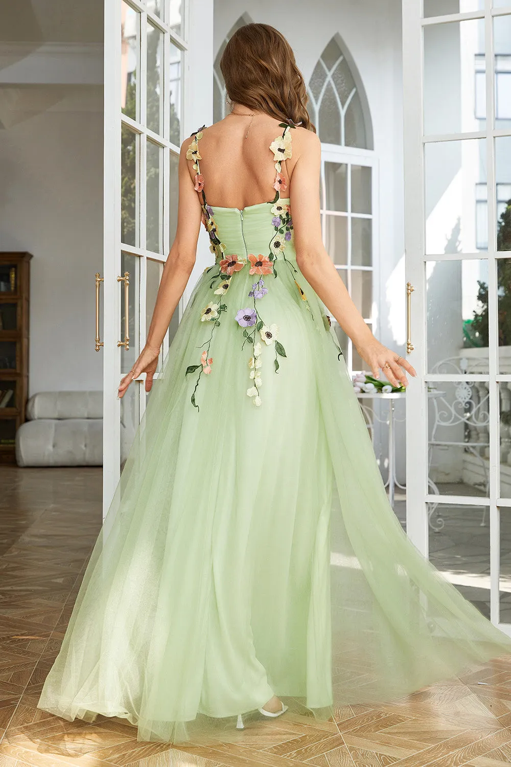 A Line Champagne Spaghetti Straps Prom Dress With 3D Flowers