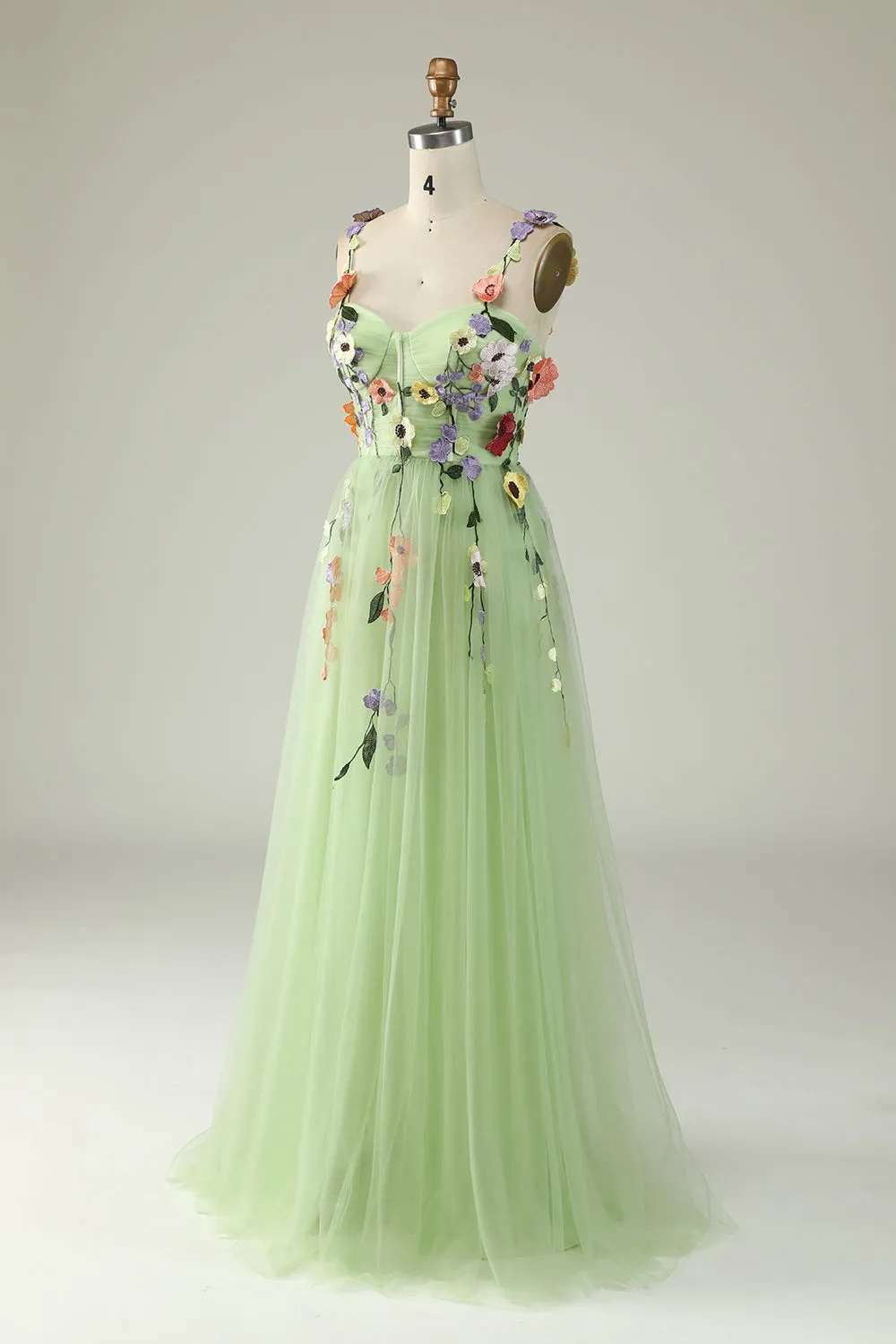 A Line Champagne Spaghetti Straps Prom Dress With 3D Flowers