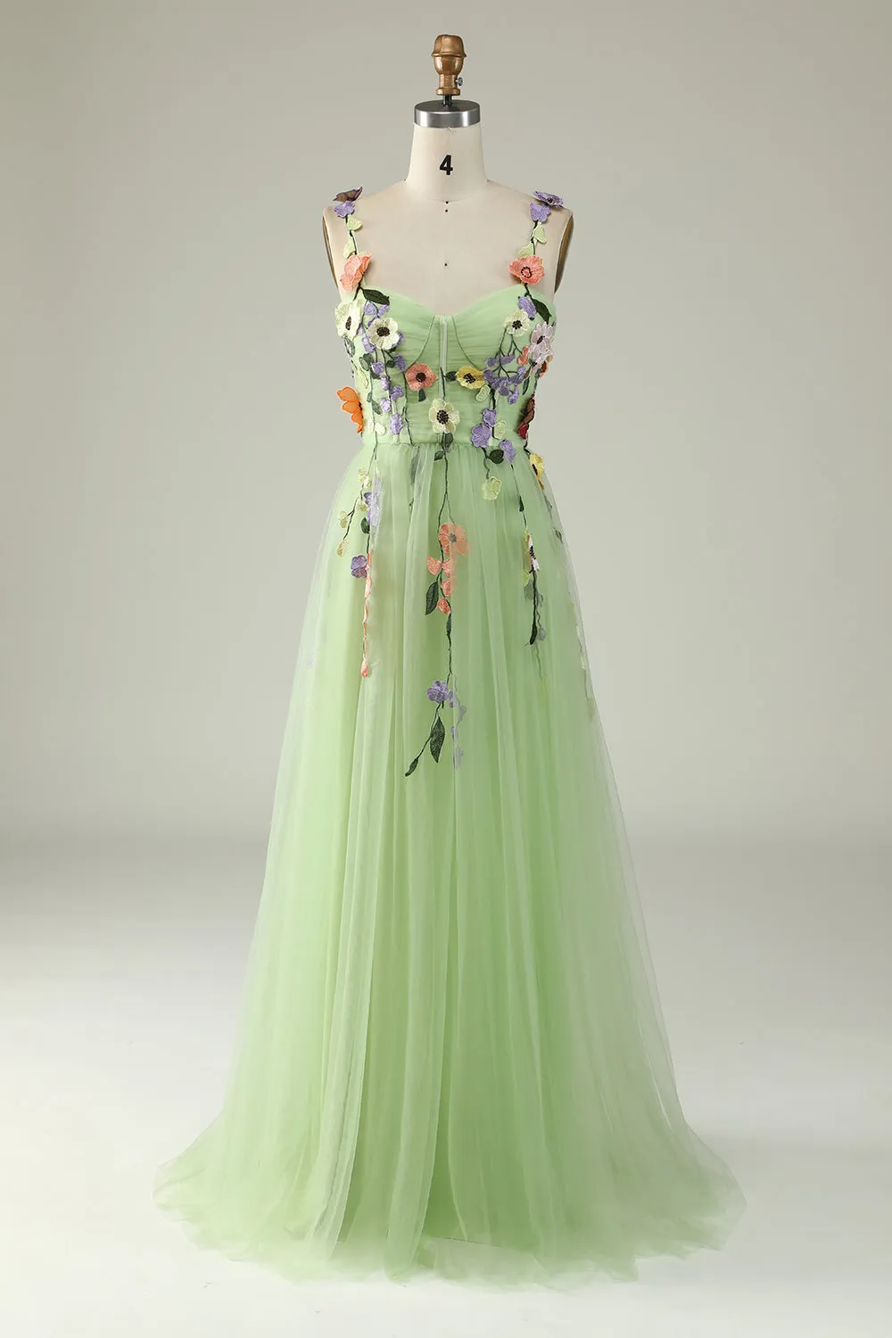 A Line Champagne Spaghetti Straps Prom Dress With 3D Flowers