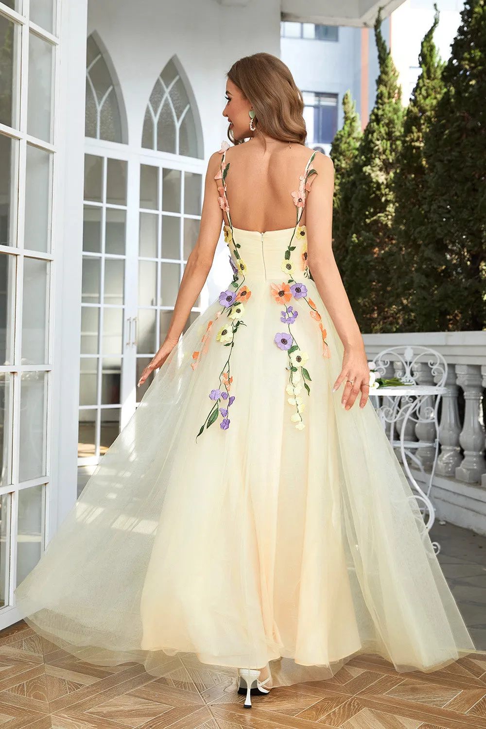 A Line Champagne Spaghetti Straps Prom Dress With 3D Flowers