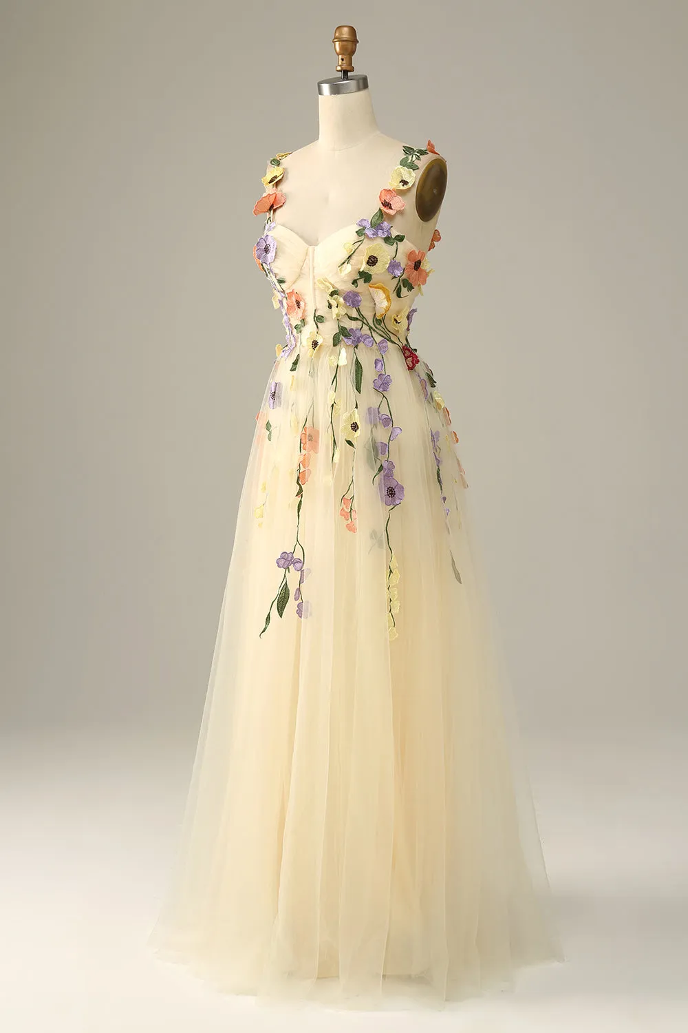 A Line Champagne Spaghetti Straps Prom Dress With 3D Flowers