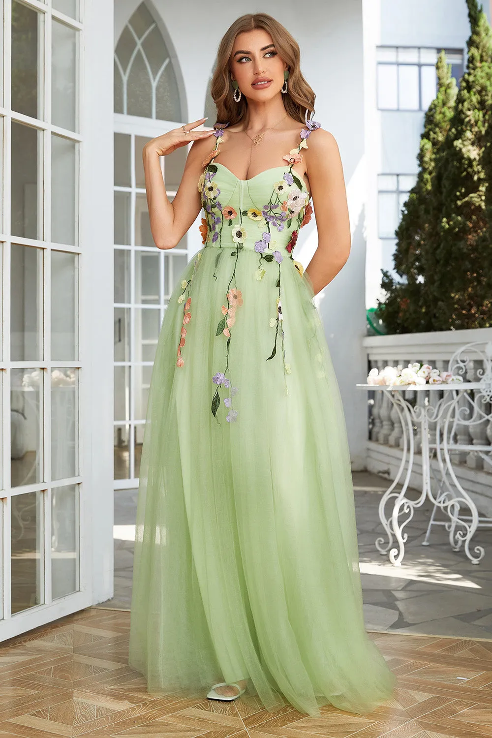 A Line Champagne Spaghetti Straps Prom Dress With 3D Flowers