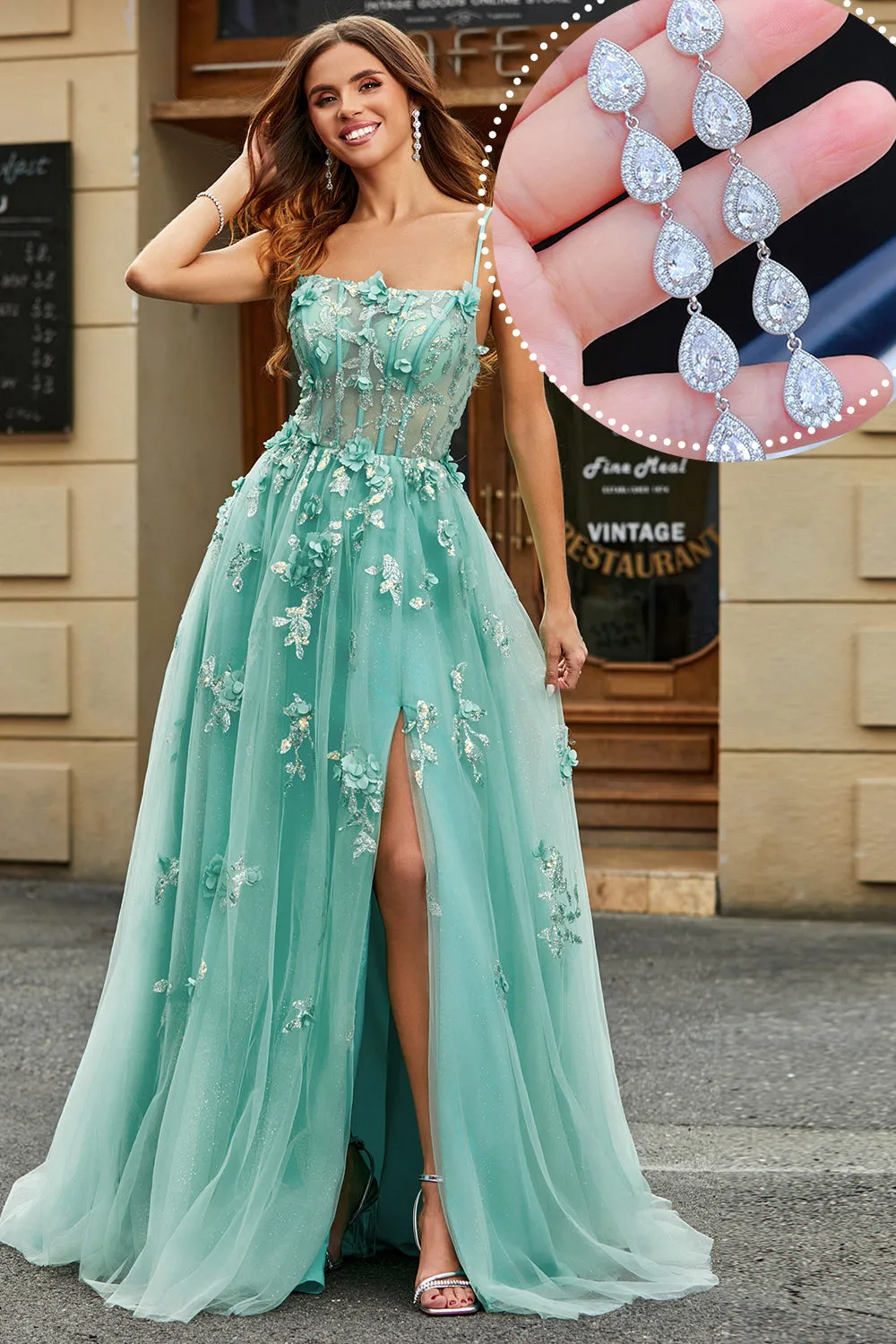 A Line Green Appliques Long Prom Dress with Accessory