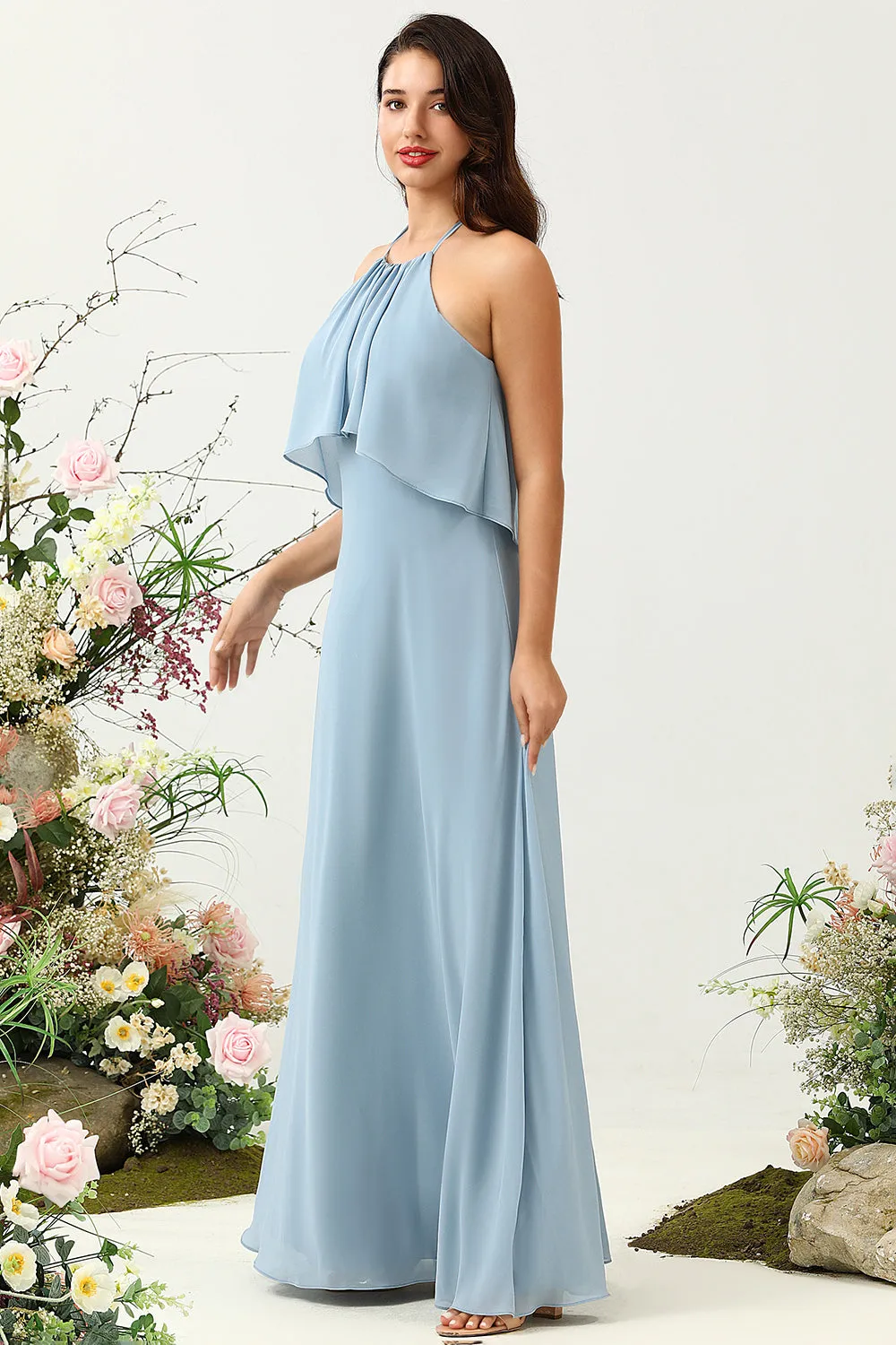 A Line Halter Neck Blue Long Bridesmaid Dress