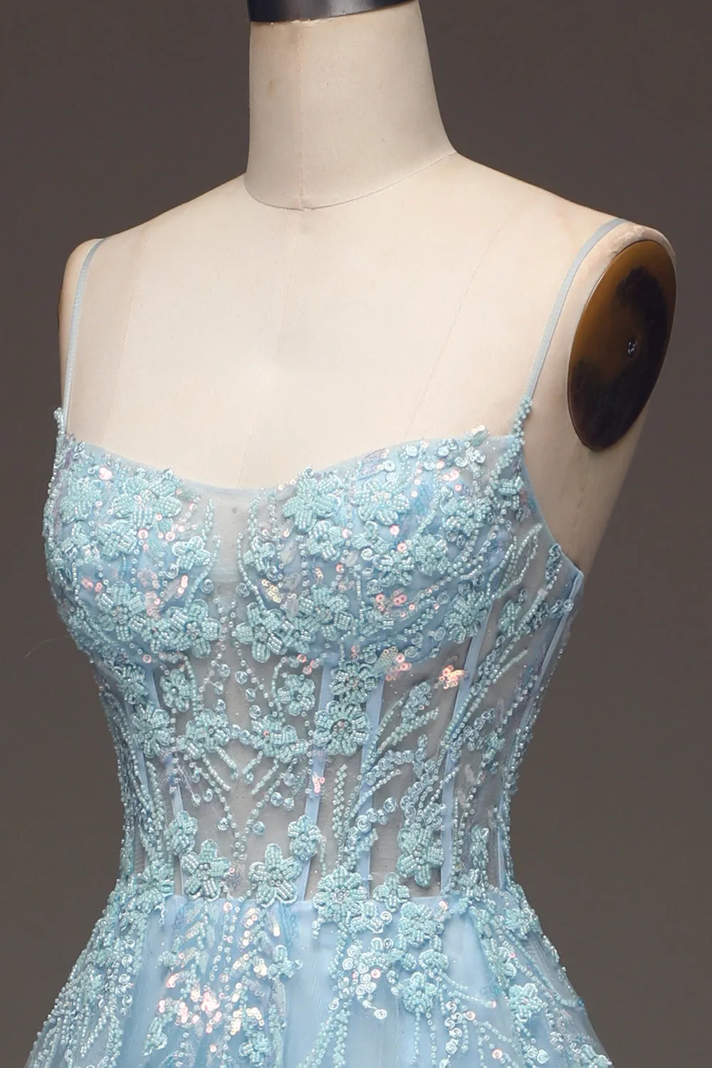 A Line Light Blue Sequin Spaghetti Straps Prom Dress With Appliques