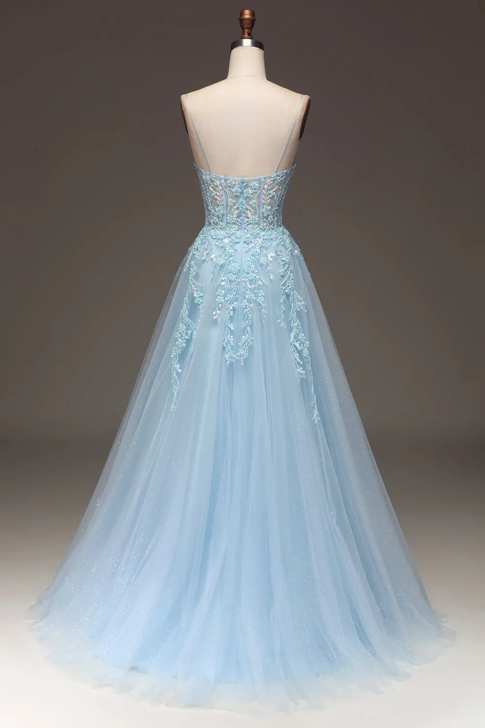 A Line Light Blue Sequin Spaghetti Straps Prom Dress With Appliques