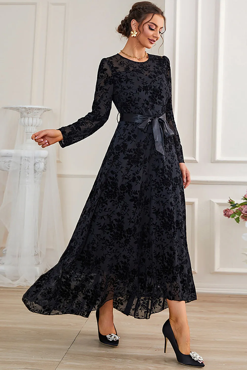 A-Line Long Sleeves Lace Black Formal Dress with Sash