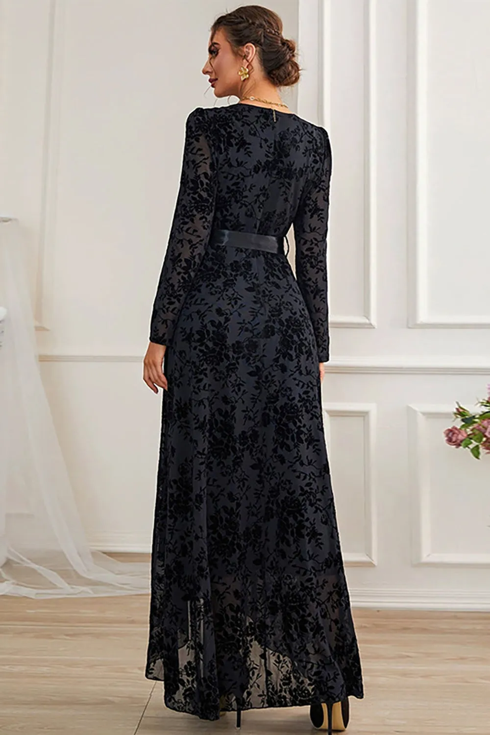 A-Line Long Sleeves Lace Black Formal Dress with Sash