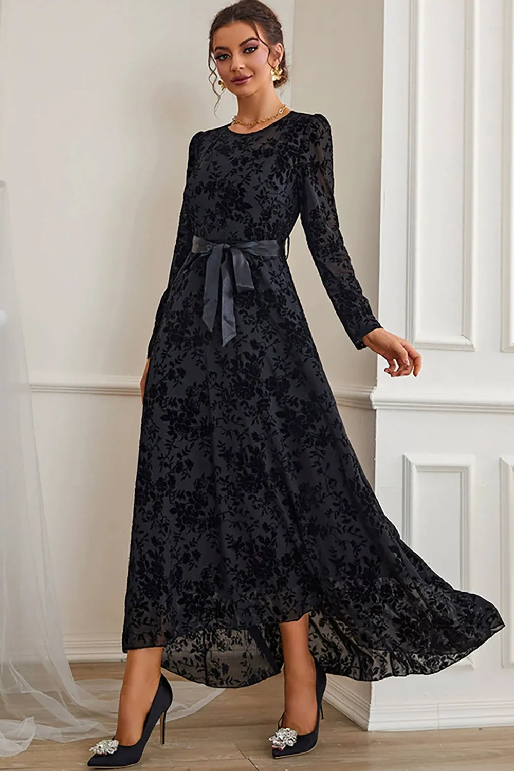 A-Line Long Sleeves Lace Black Formal Dress with Sash