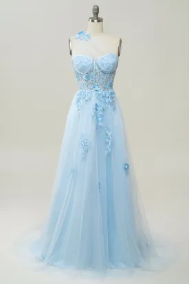 A Line One Shoulder Sky Blue Long Prom Dress with Appliques