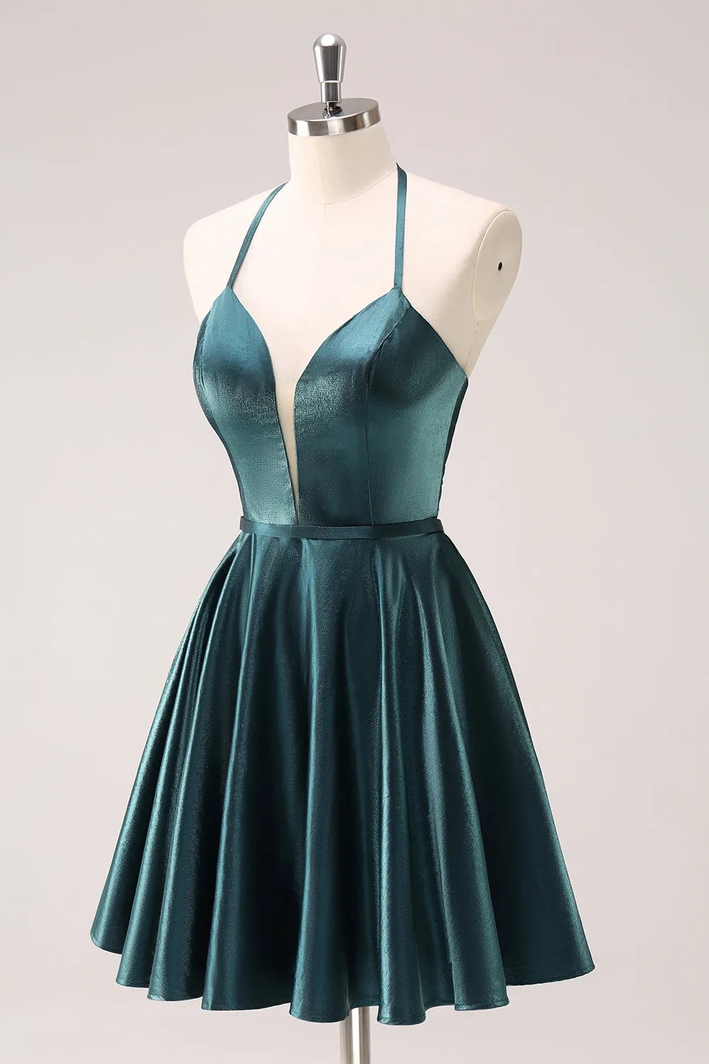 A-Line Peacock Blue Halter Short Homecoming Dress with Lace Up Back