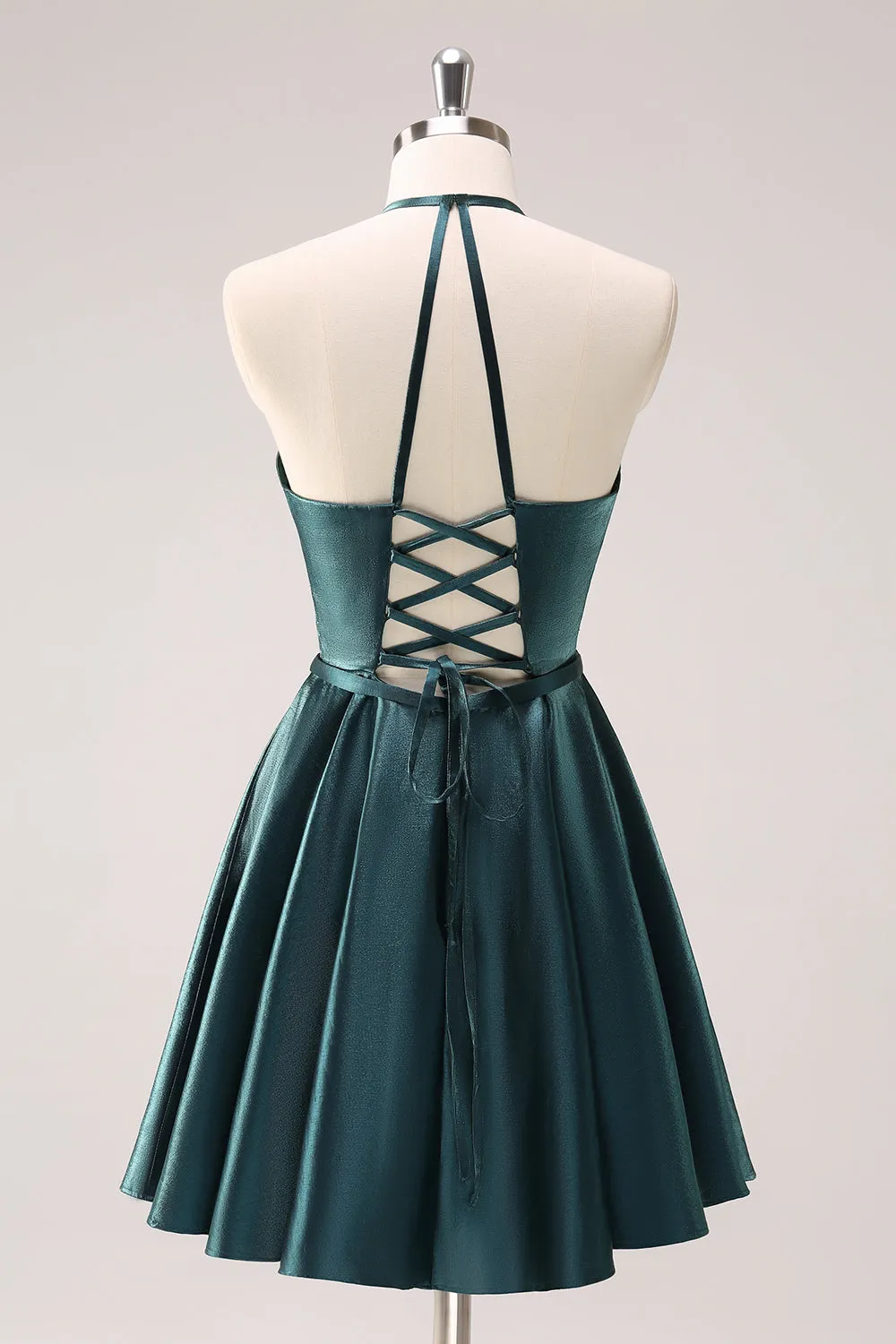 A-Line Peacock Blue Halter Short Homecoming Dress with Lace Up Back