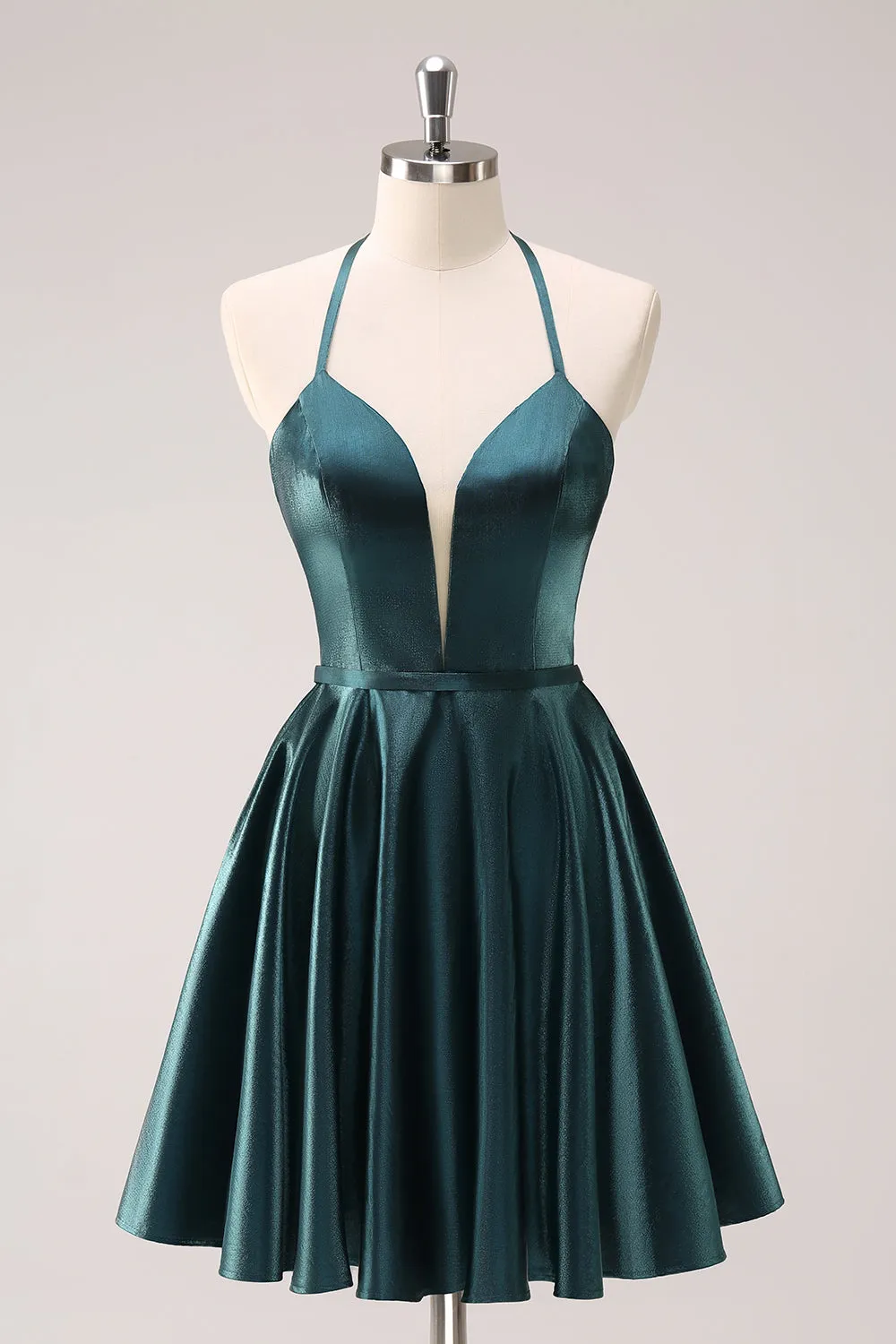 A-Line Peacock Blue Halter Short Homecoming Dress with Lace Up Back