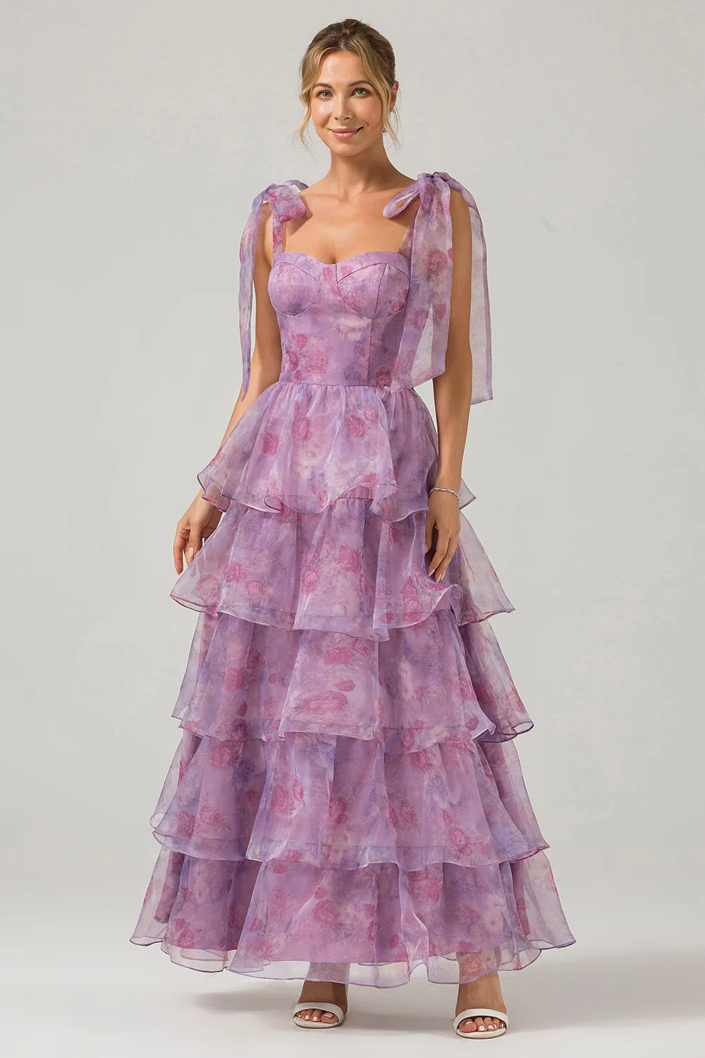 A Line Purple Printed Tiered Tea-Length Long Prom Dress