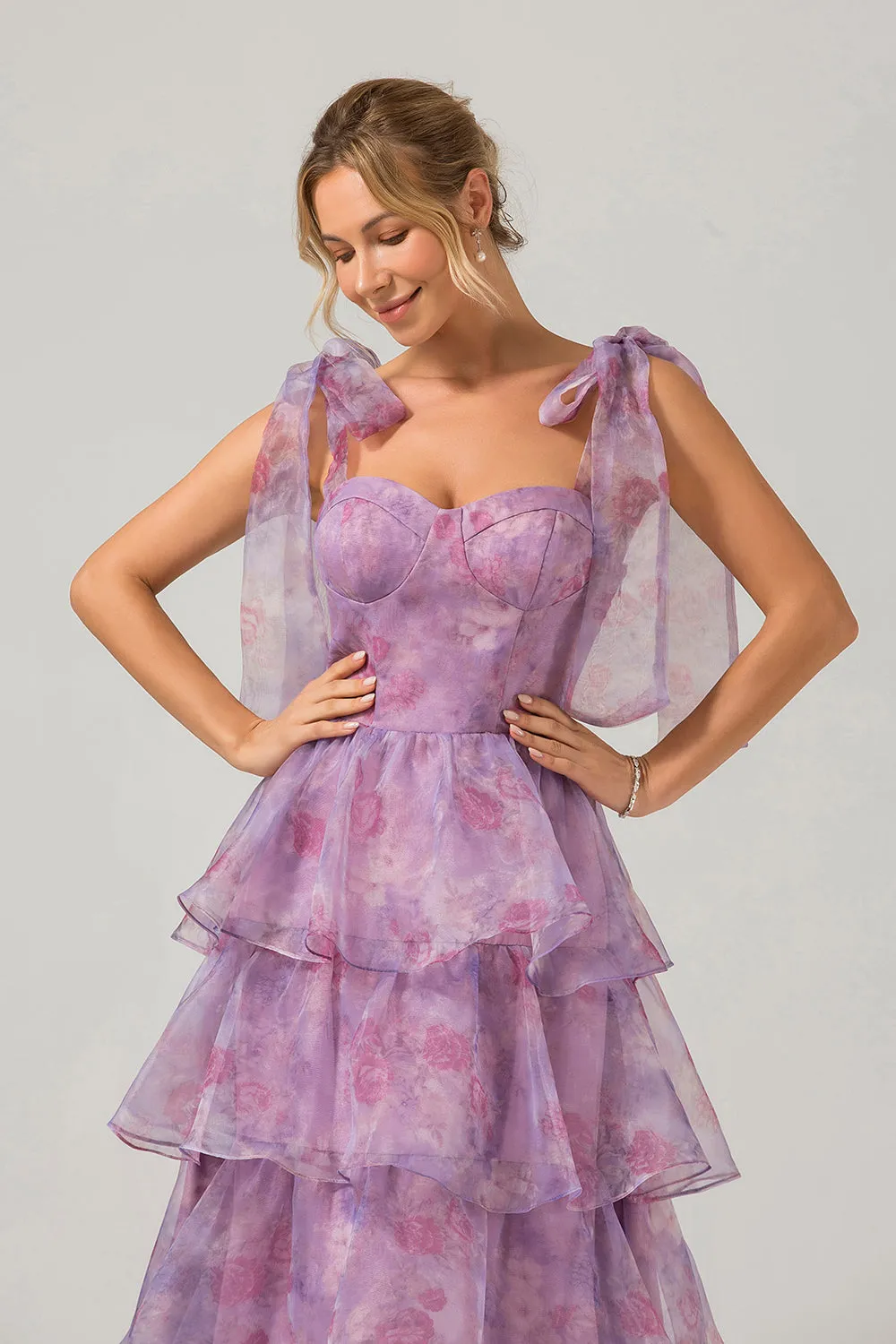 A Line Purple Printed Tiered Tea-Length Long Prom Dress