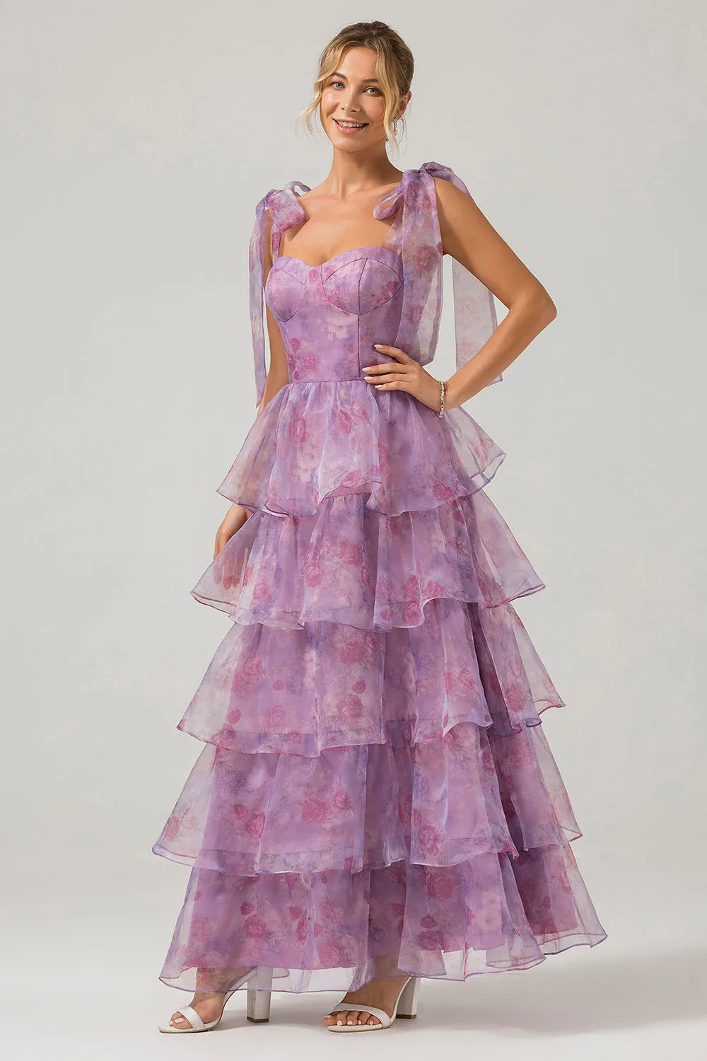 A Line Purple Printed Tiered Tea-Length Long Prom Dress