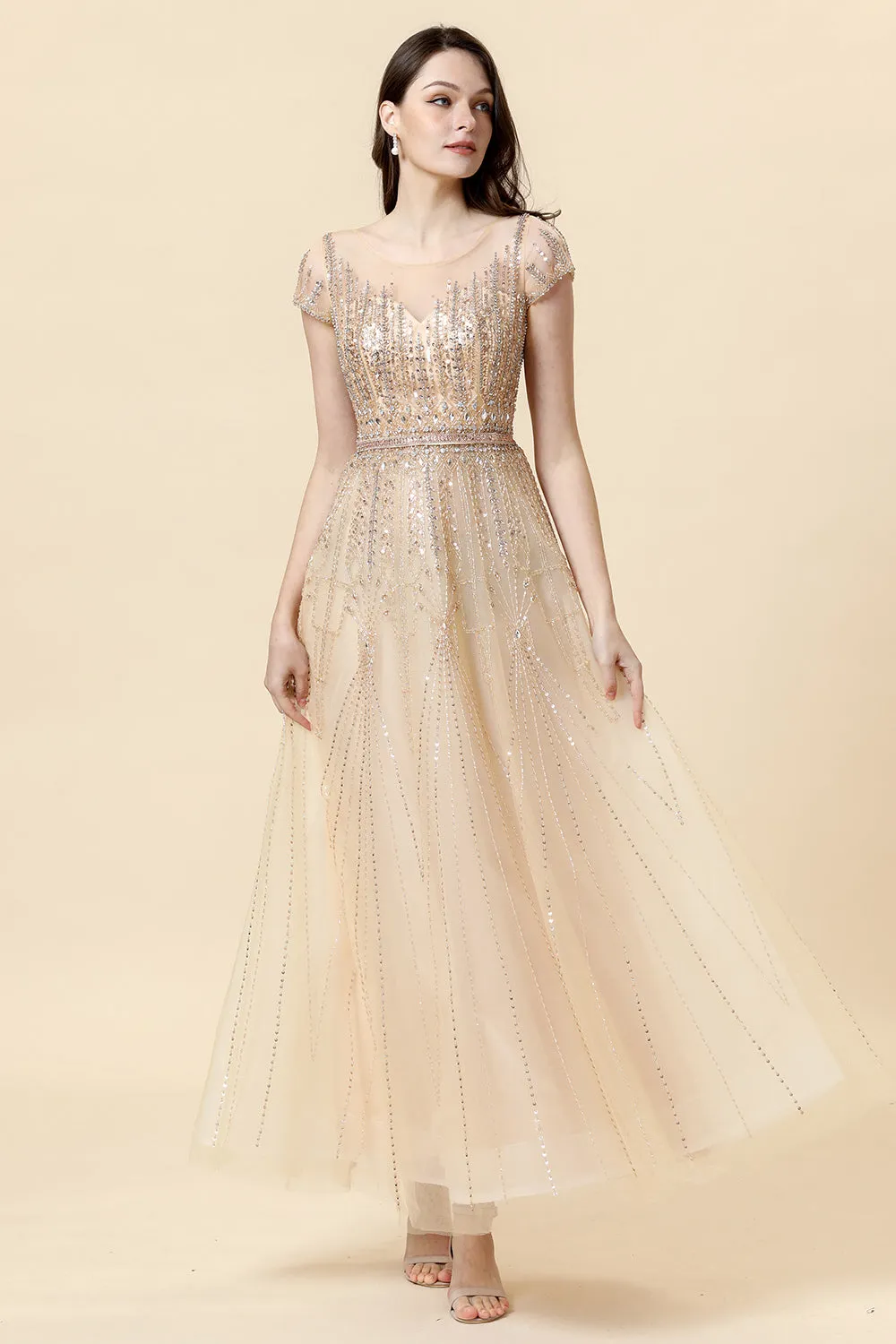 A Line Round Neck Golden Beaded Floor Length Formal Dress