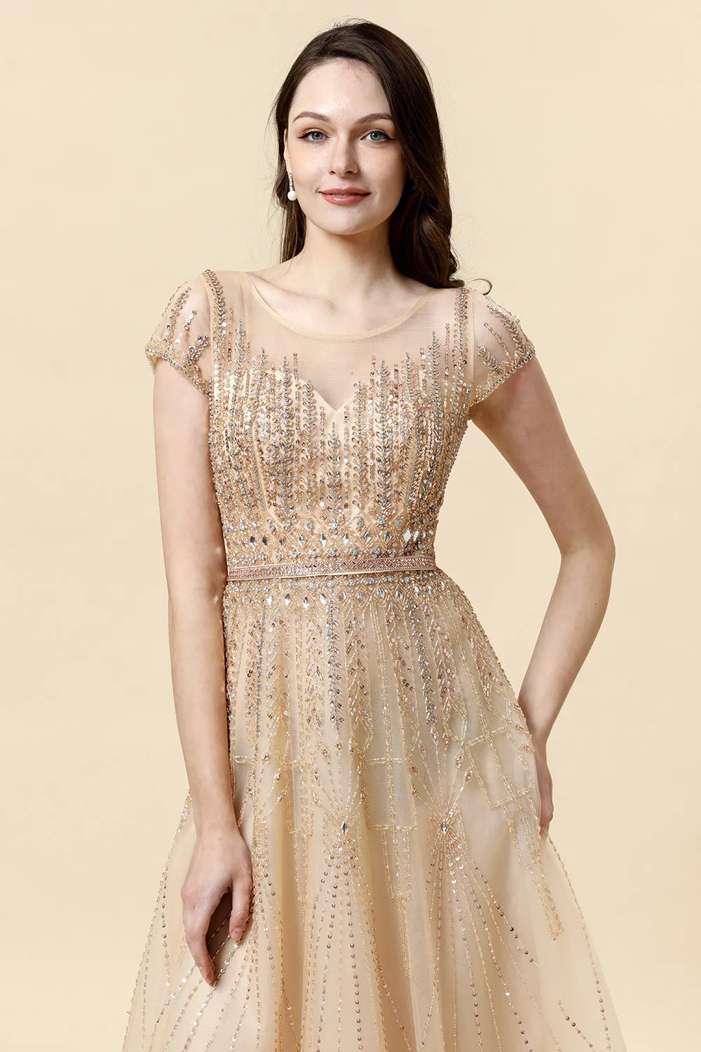 A Line Round Neck Golden Beaded Floor Length Formal Dress