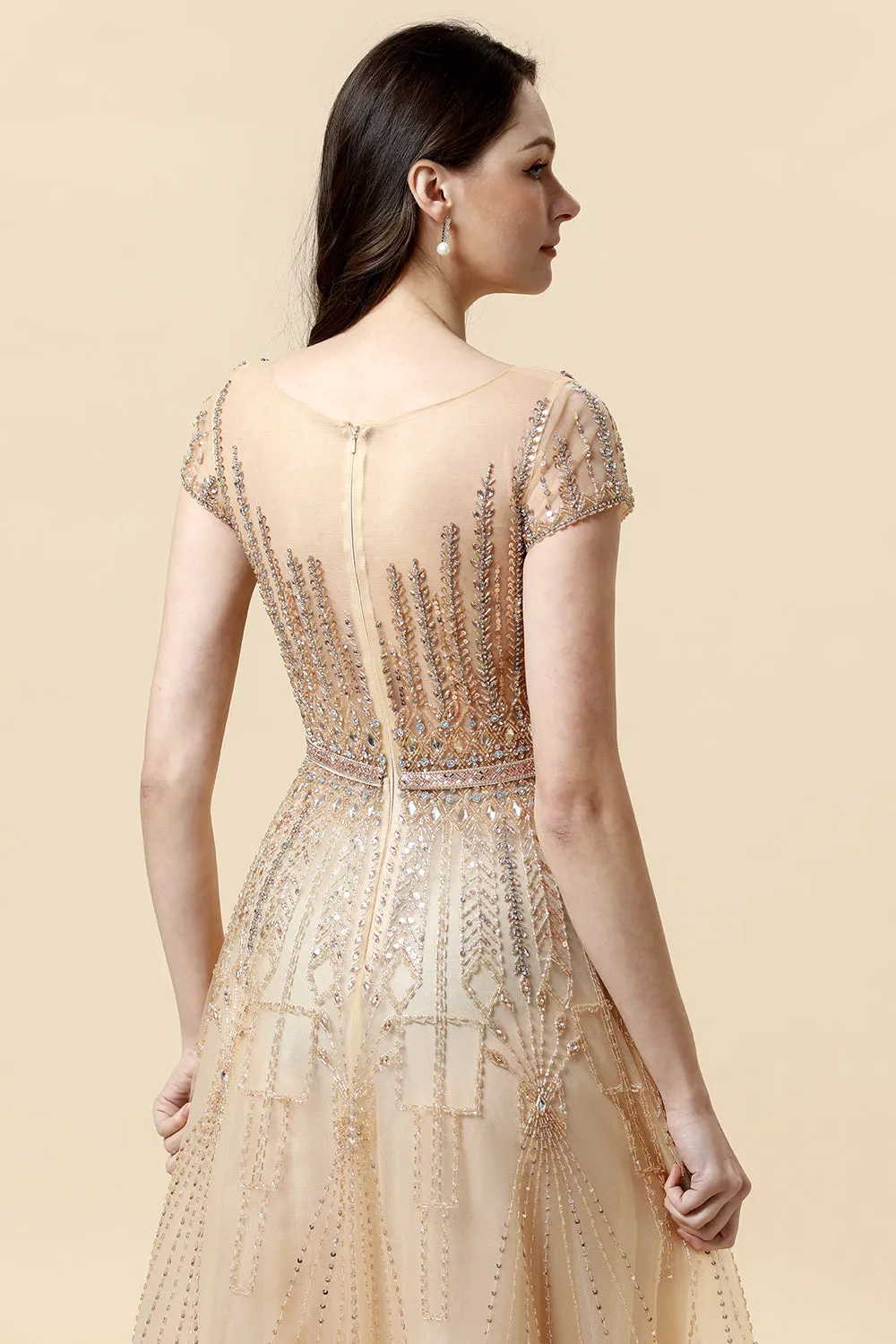 A Line Round Neck Golden Beaded Floor Length Formal Dress