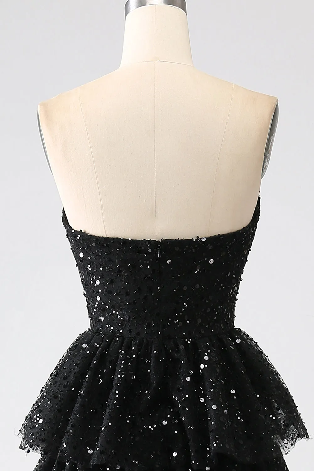 A-Line Sequins Black Tiered Prom Dress with Slit