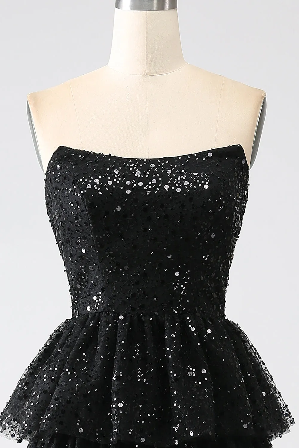 A-Line Sequins Black Tiered Prom Dress with Slit