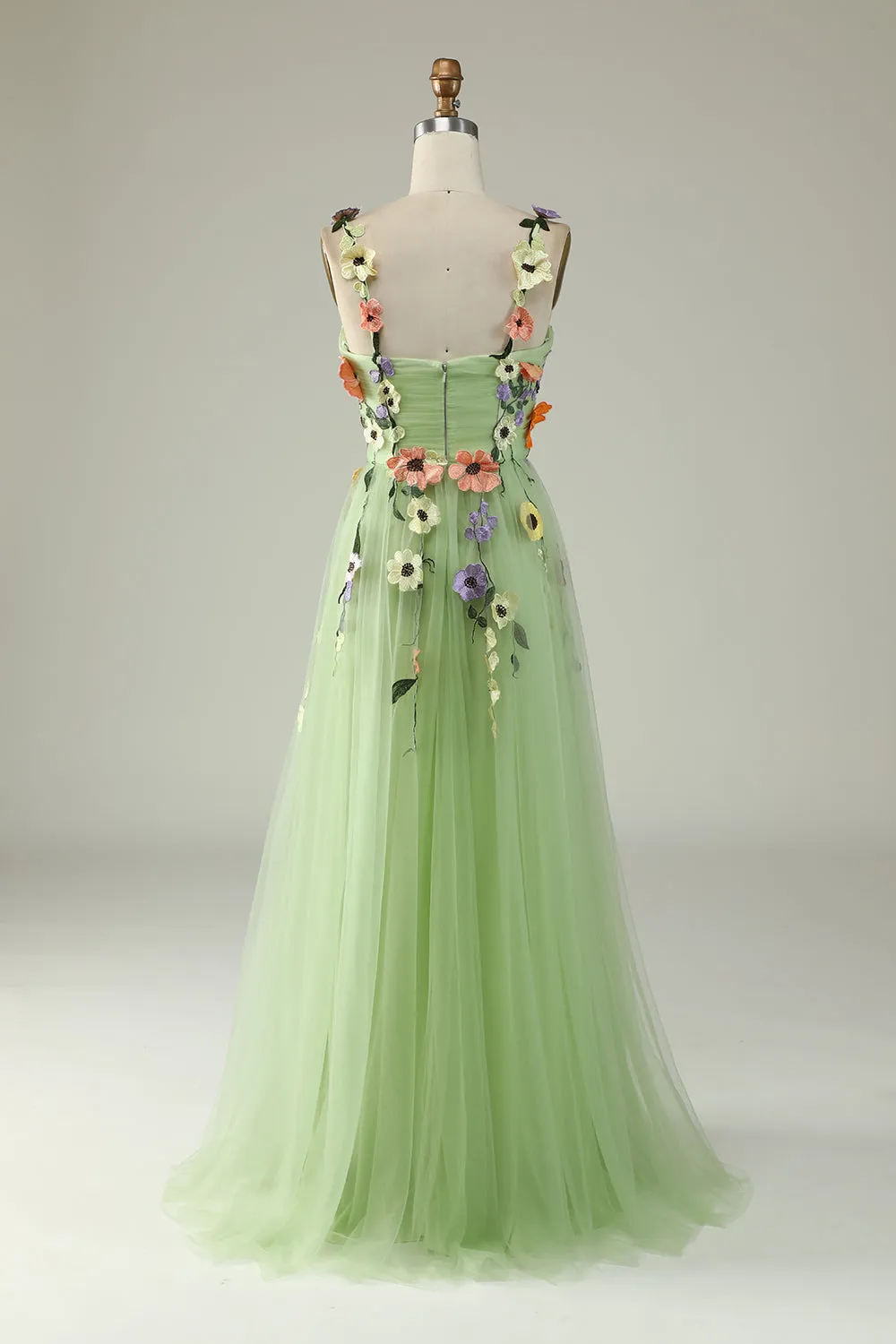 A Line Spaghetti Straps Green Prom Dress With 3D Flowers