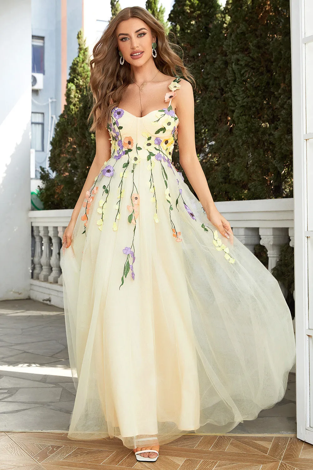 A Line Spaghetti Straps Green Prom Dress With 3D Flowers