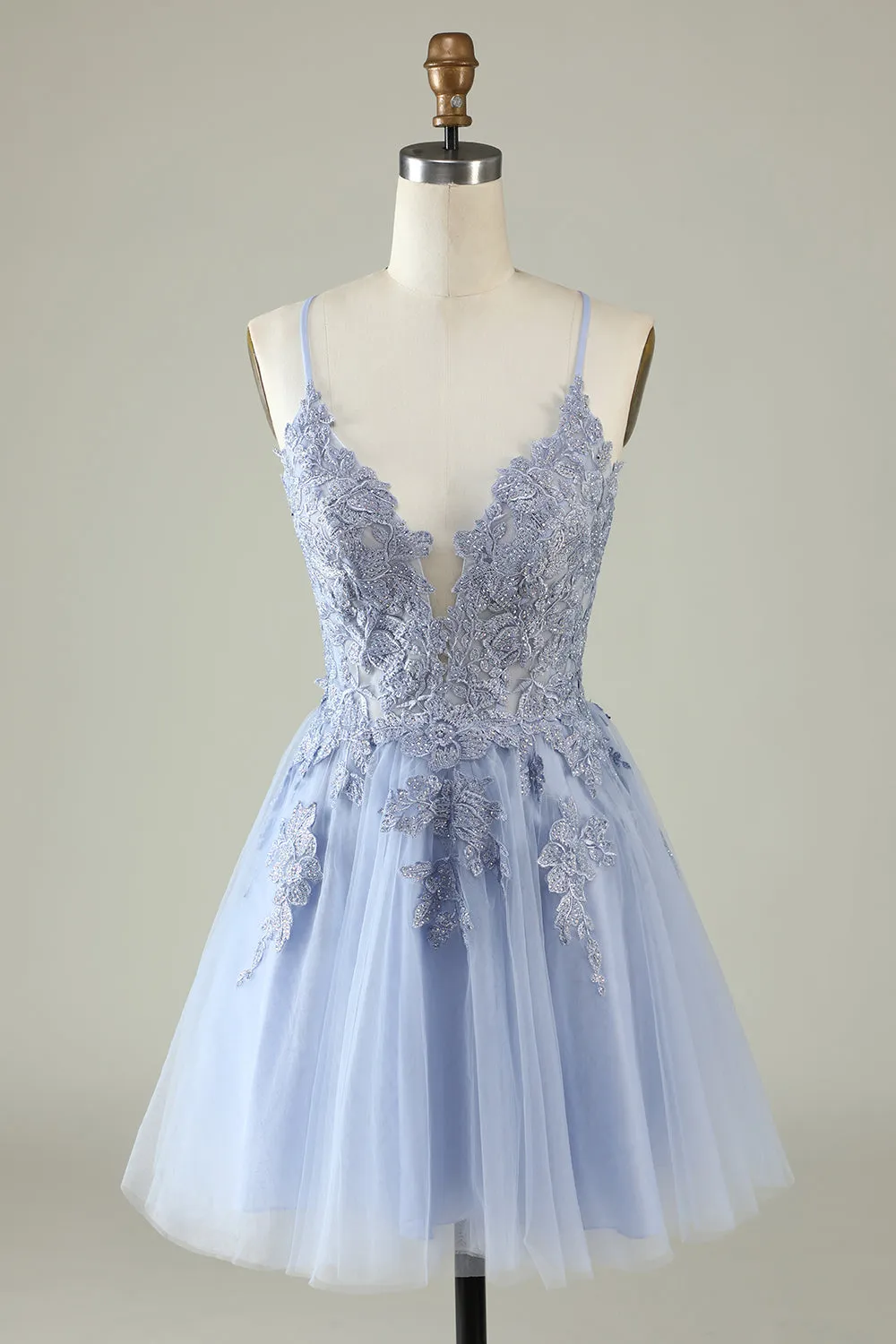 A Line Spaghetti Straps Grey Blue Short Homecoming Dress with Appliques