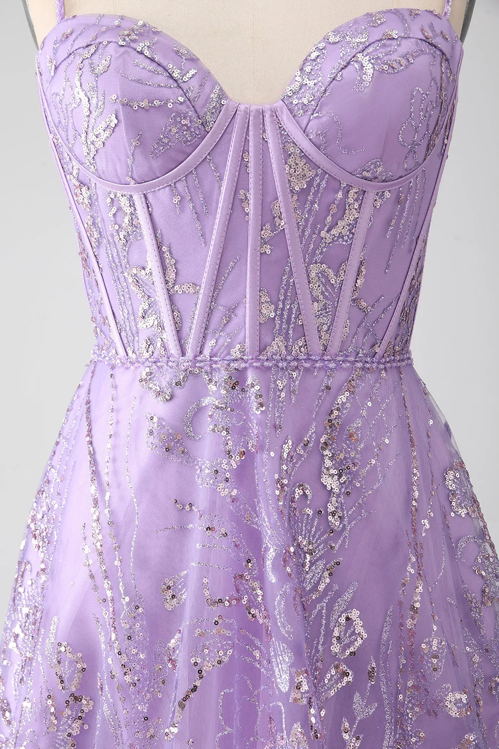 A-Line Spaghetti Straps Lilac Corset Prom Dress with Sequins