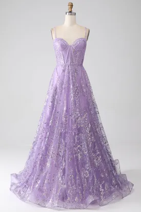 A-Line Spaghetti Straps Lilac Corset Prom Dress with Sequins