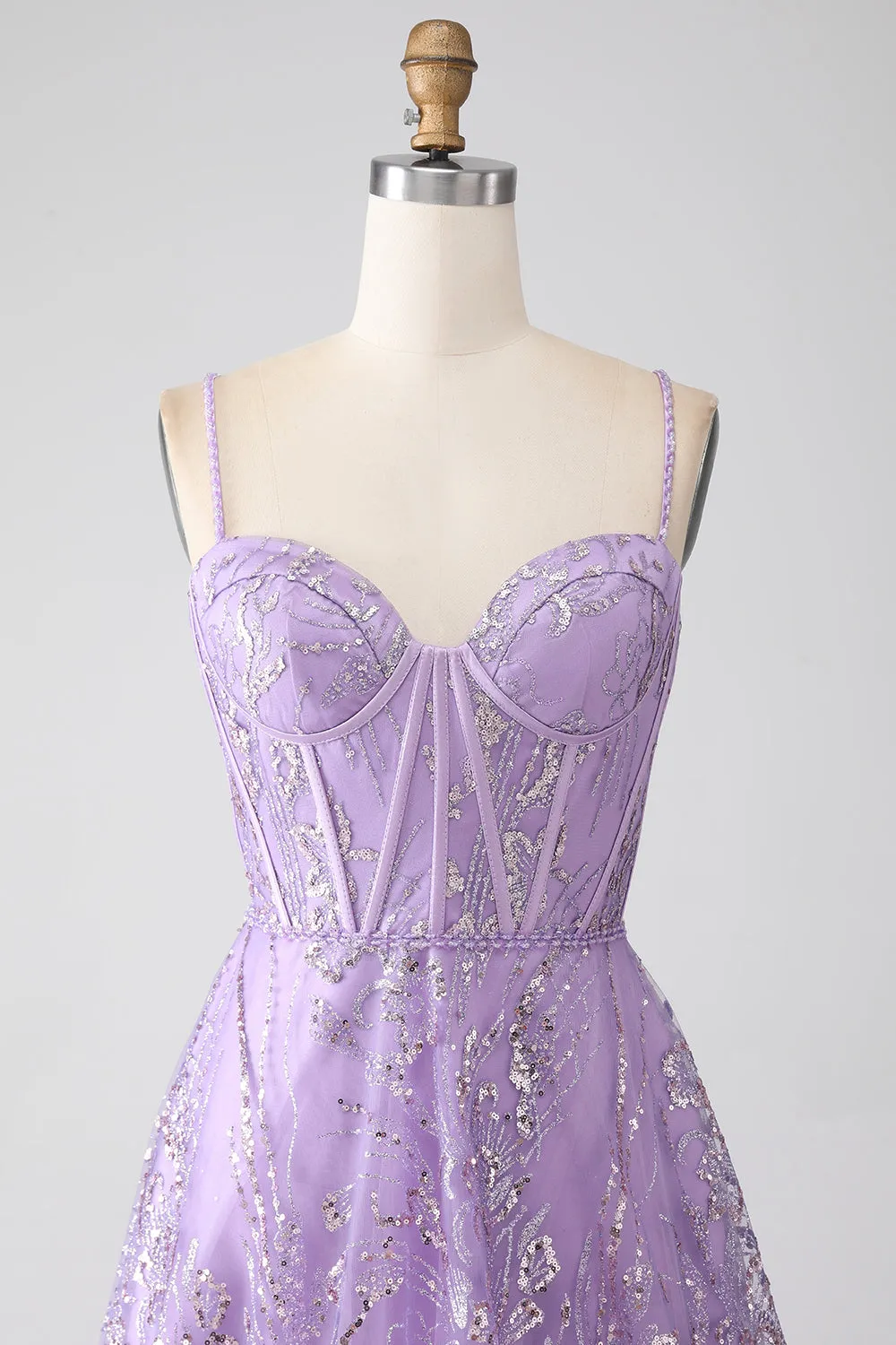 A-Line Spaghetti Straps Lilac Corset Prom Dress with Sequins