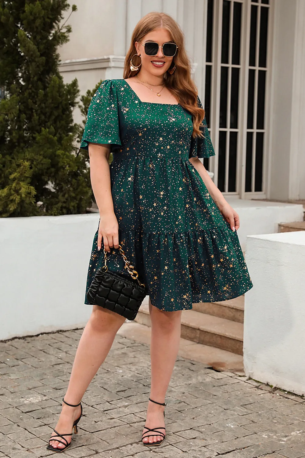 A Line Square Neck Green Velvet Plus Size Xmas Dress