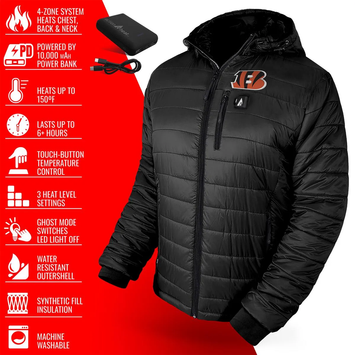 ActionHeat Cincinnati Bengals 5V Men's Puffer Battery Heated Jacket