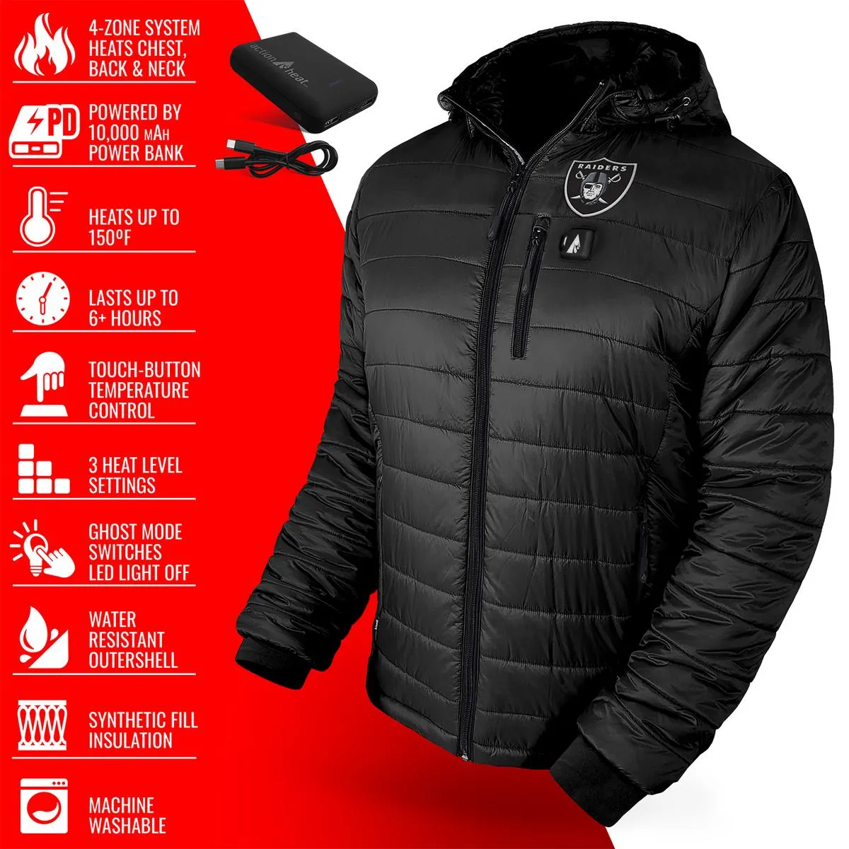 ActionHeat Las Vegas Raiders 5V Men's Puffer Battery Heated Jacket