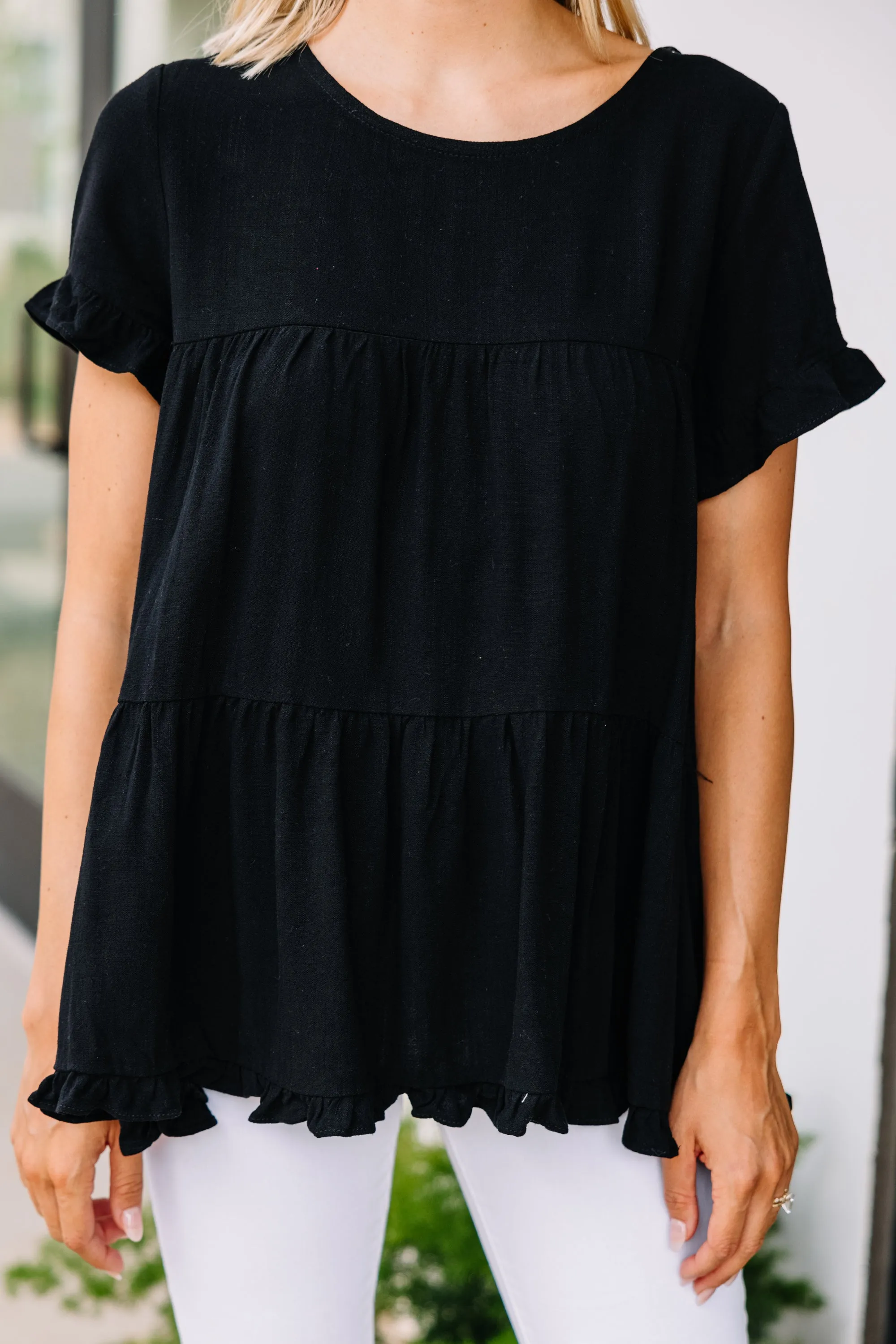 All Eyes On Me Black Linen Babydoll Top