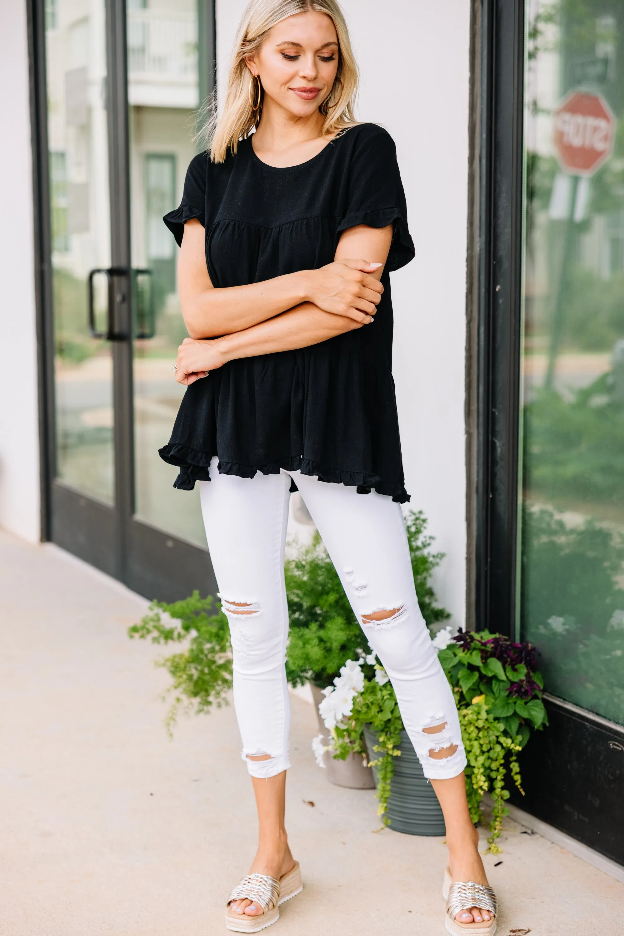 All Eyes On Me Black Linen Babydoll Top