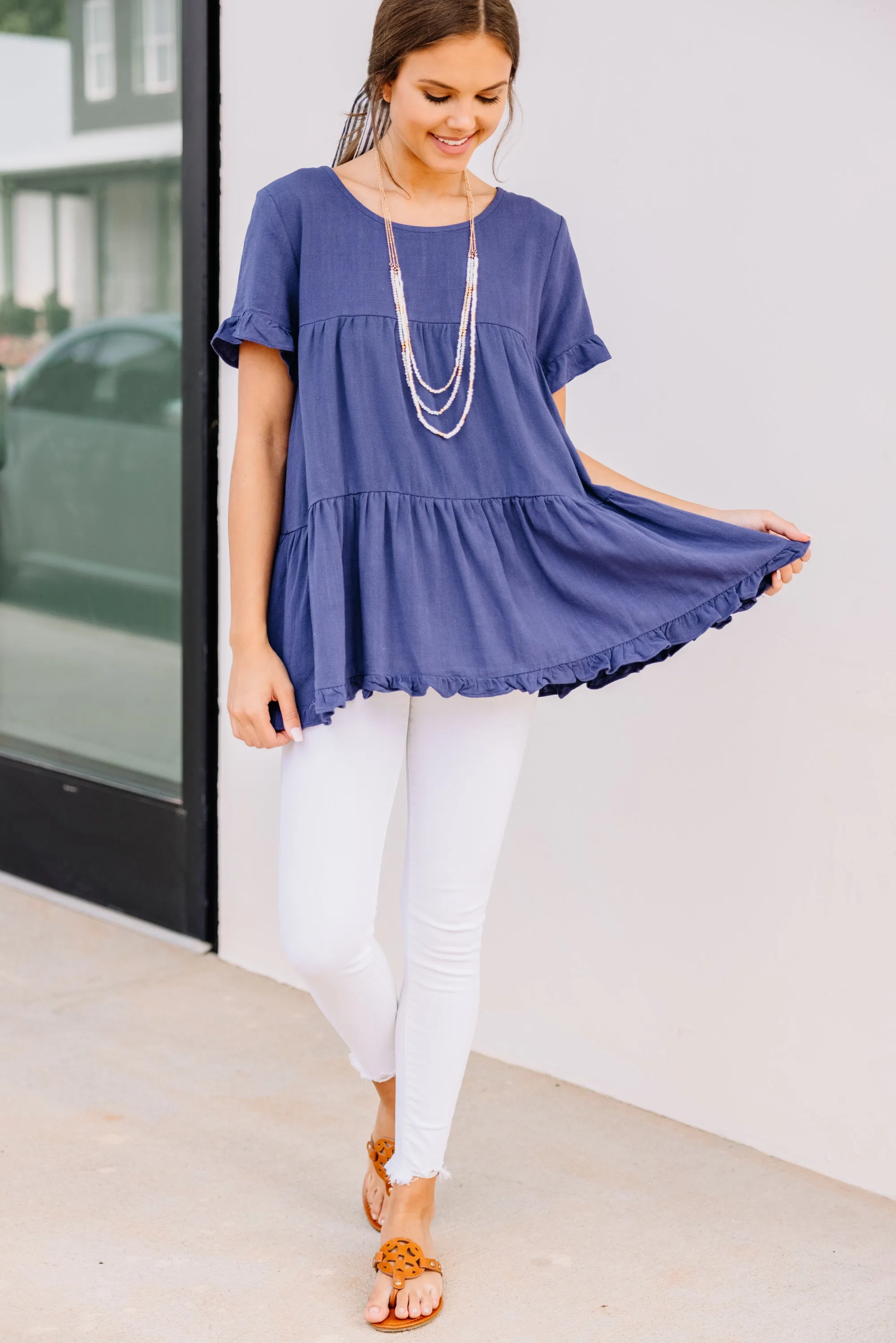 All Eyes On Me Denim Blue Linen Babydoll Top