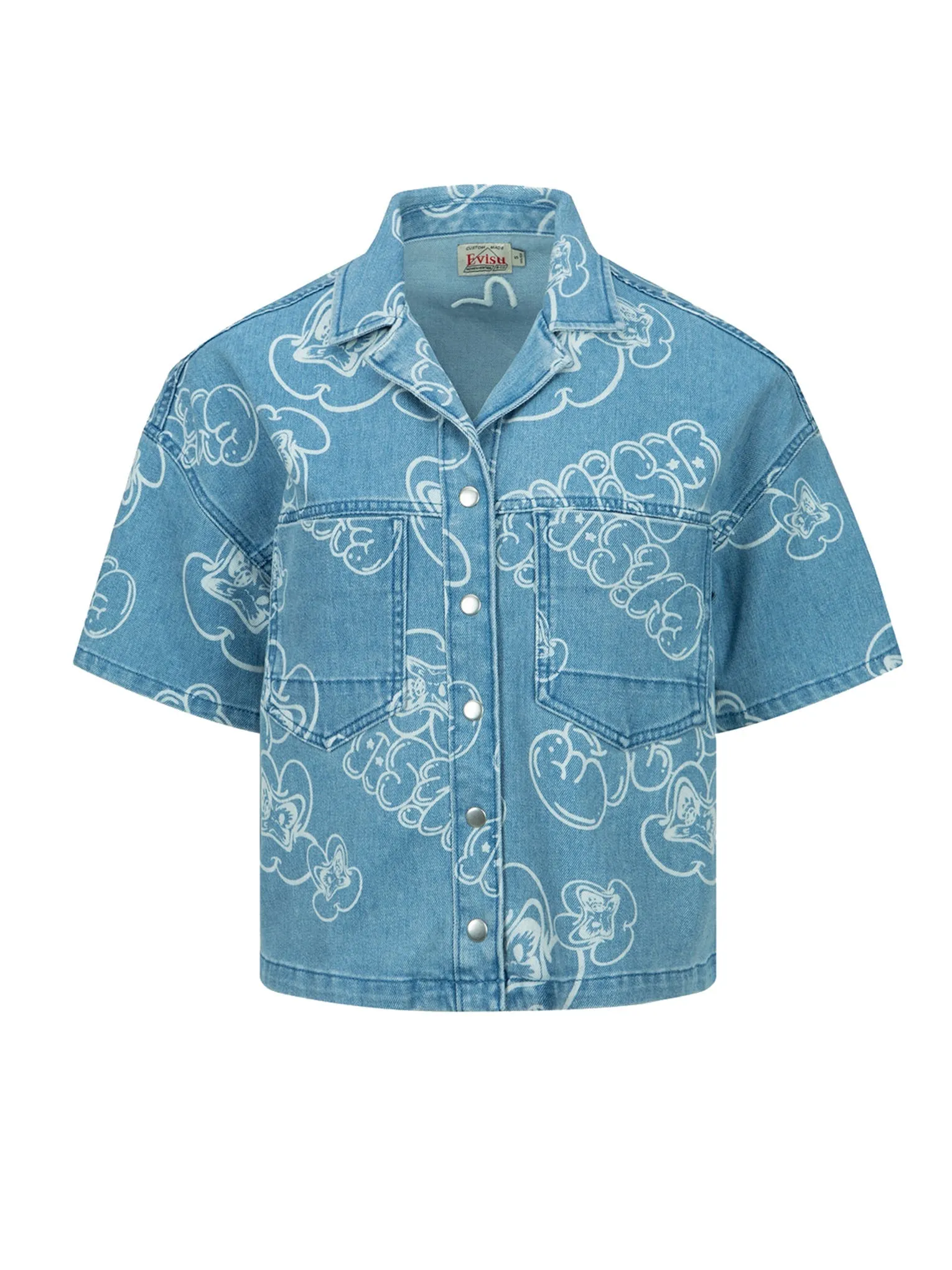 Allover Graffiti Daruma and Logo Discharged-Print Denim Shirt