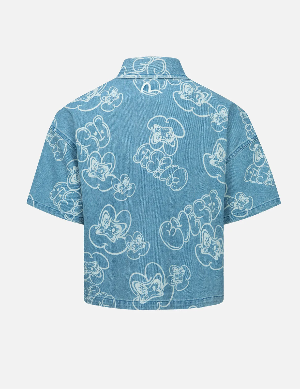 Allover Graffiti Daruma and Logo Discharged-Print Denim Shirt