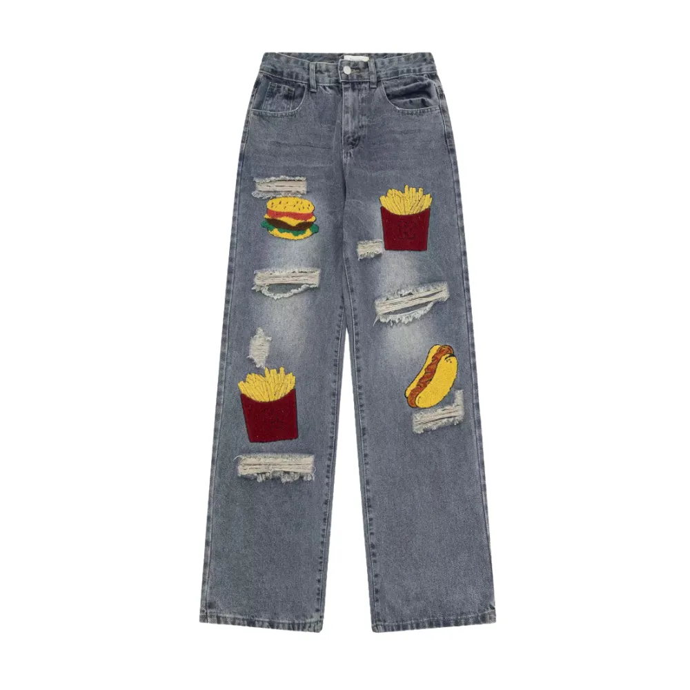 American Hamburger Fries Embroidered Jeans