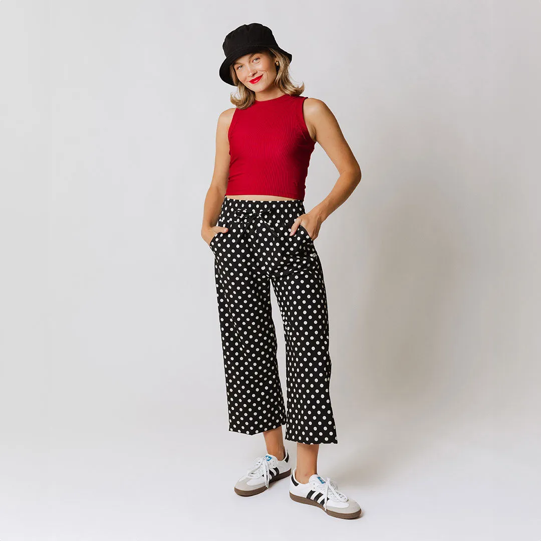 Audrey Wide Leg Pants, Black Polka Dot