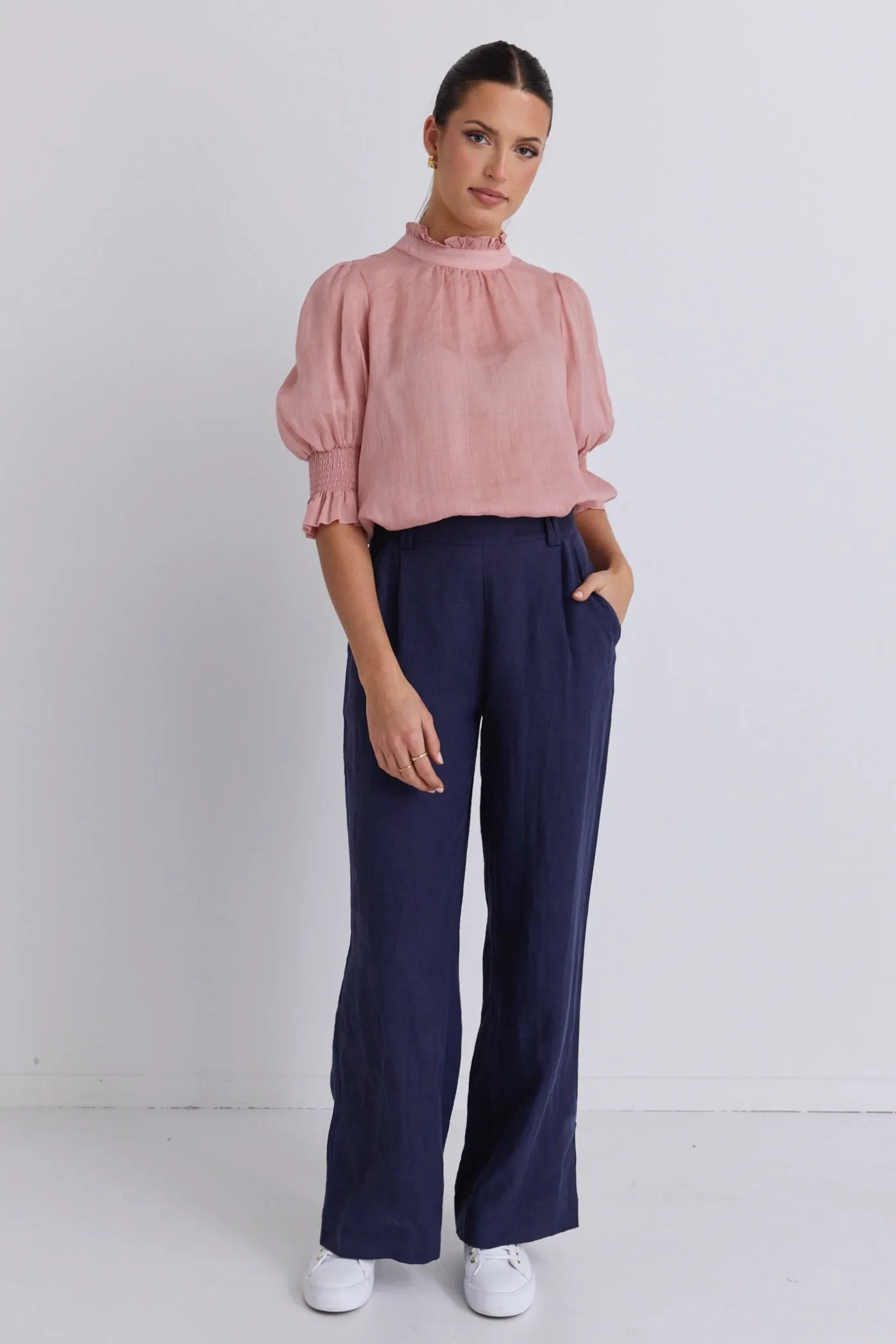 Bestow Navy Linen Elastic Back Wide Leg Pants