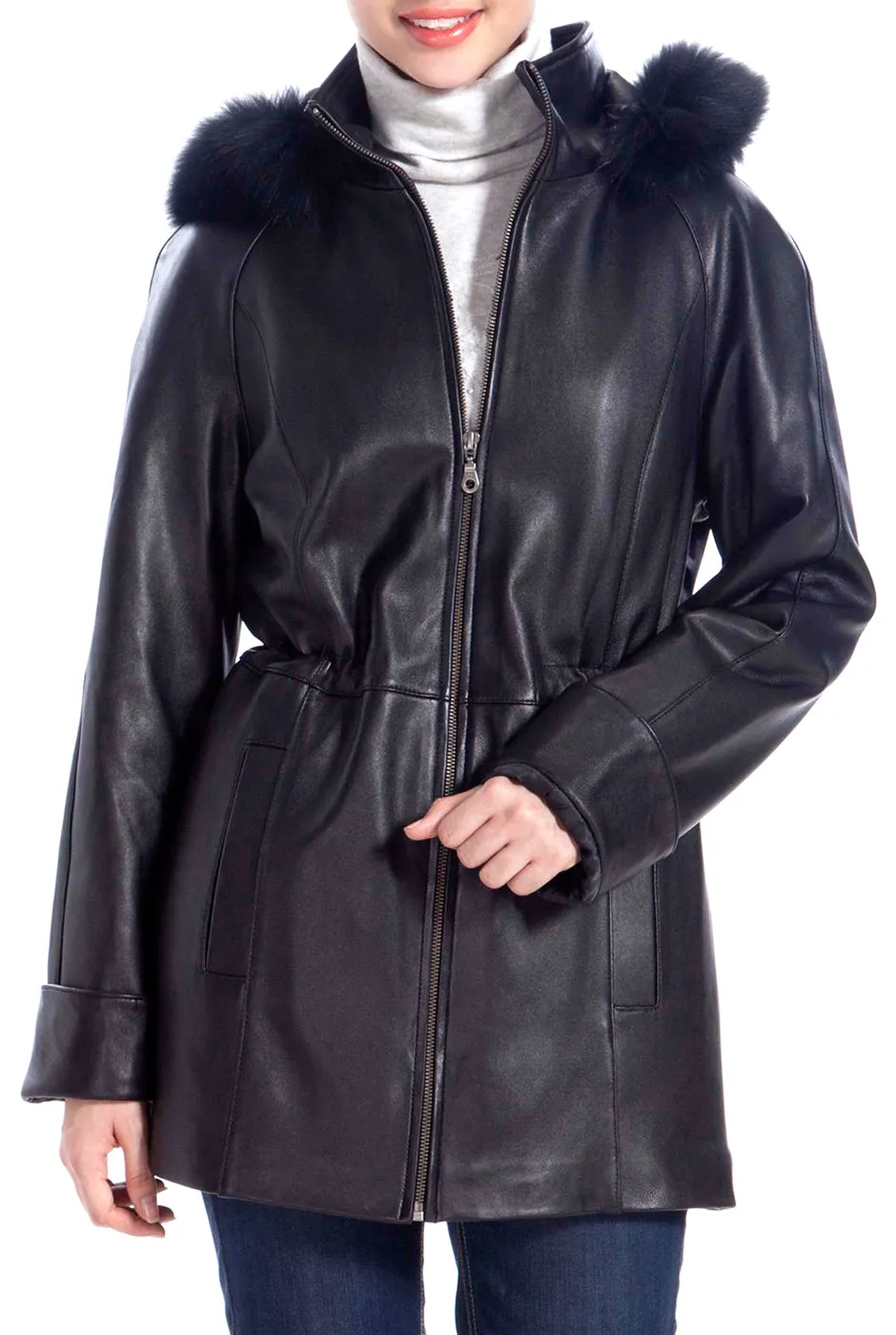 BGSD Women Clare Lambskin Leather Hooded Parka Coat