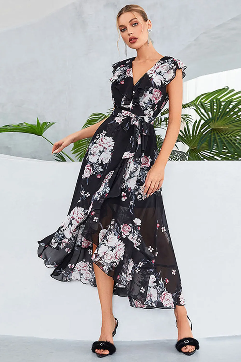 Black A-Line V-Neck Floral Print Chiffon Party Dress