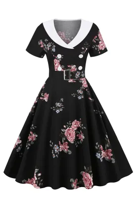 Black Floral Printed Vintage Dress With Belt