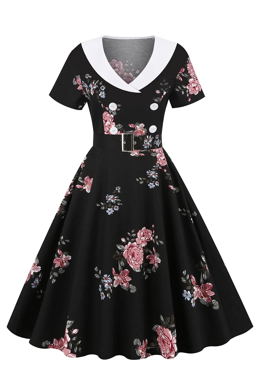 Black Floral Printed Vintage Dress With Belt