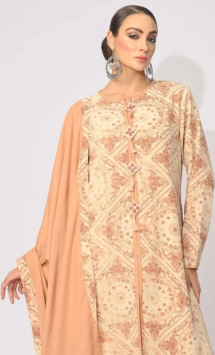 Bohemian Bliss: Printed 3Pc Sand Salwar Kameez set With Dupatta and Tassels Detailing - Final Sale